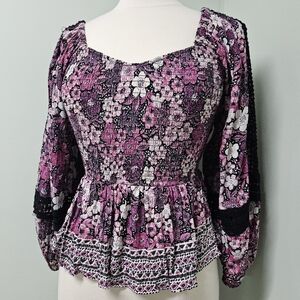 Angie Floral Bohemian Hippie Top Balloon Sleeve Pink Black Coquette Size Small
